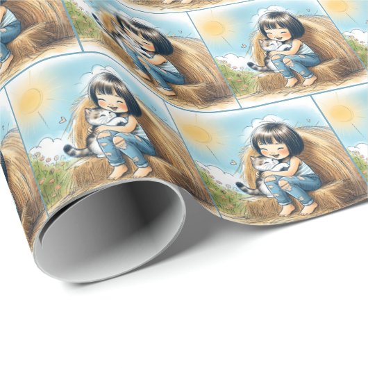 Kleines Mädchen mit Kätzchen auf dem Hay Bale Geschenkpapier (Rolleneckpunkt)