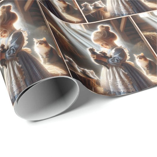 Kleines Mädchen mit Kätzchen Geschenkpapier (Rolleneckpunkt)
