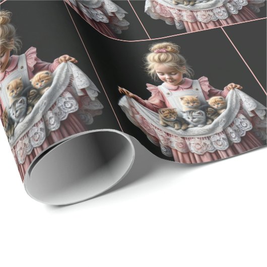 Kleines Mädchen mit Kätzchen in ihrer Schürze Geschenkpapier (Rolleneckpunkt)