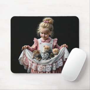 Kleines Mädchen mit Kätzchen in ihrer Schürze Mousepad