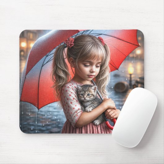 Kleines Mädchen mit Kätzchen unter Schirm Mousepad (Mit Mouse)