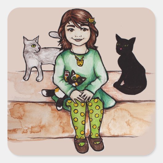 Kleines Mädchen mit Katzen Quadratischer Aufkleber (Vorderseite)