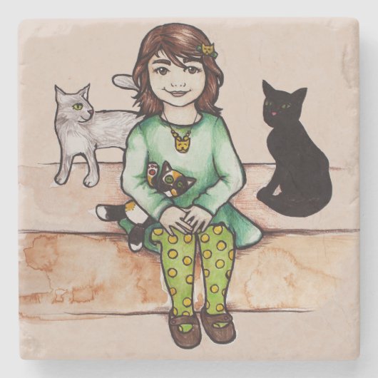 Kleines Mädchen mit Katzen Steinuntersetzer (Vorderseite)
