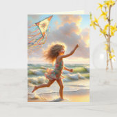 Kleines Mädchen mit Kitesurf am Strand Karte (Gelbe Blume)