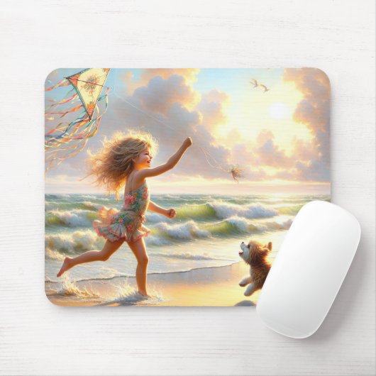Kleines Mädchen mit Kitesurf am Strand Mousepad (Mit Mouse)