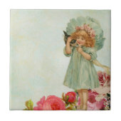 Kleines Mädchen mit Miezekatze Fliese (Vorderseite)