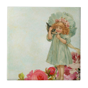 Kleines Mädchen mit Miezekatze Fliese