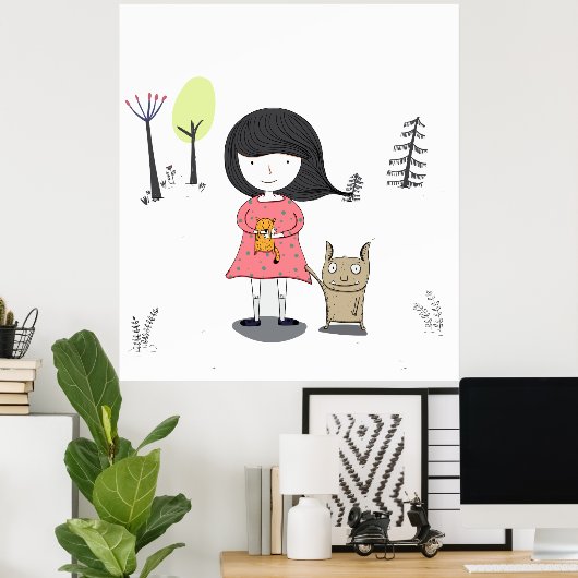 Kleines Mädchen mit Monster Freund Comic Kinderpos Poster (Heimbüro)