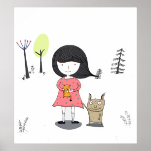 Kleines Mädchen mit Monster Freund Comic Kinderpos Poster