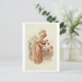 Kleines Mädchen mit rosa Blume und Schmetterlingen Postkarte (Stehend Vorderseite)