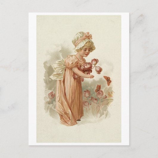 Kleines Mädchen mit rosa Blume und Schmetterlingen Postkarte (Vorderseite)