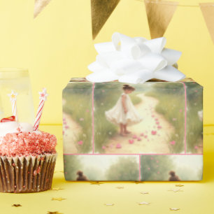 Kleines Mädchen mit rosa Herzen auf einem dunklen  Geschenkpapier