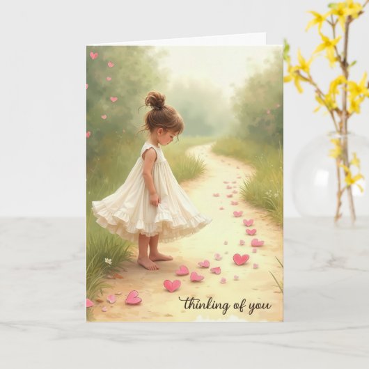 Kleines Mädchen mit rosa Herzen Karte (Gelbe Blume)