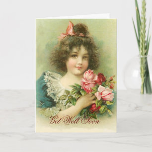 Kleines Mädchen mit rosa Rosen, Gute Besserung Karte