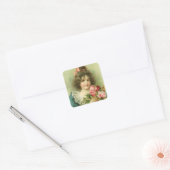 Kleines Mädchen mit rosa Rosen Valentinstag Quadratischer Aufkleber (Umschlag)