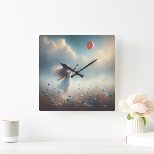 Kleines Mädchen mit rotem Ballon Quadratische Wanduhr (Zuhause)