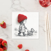 Kleines Mädchen mit roter Mütze führt ihren Hund a Serviette (Beispiel)