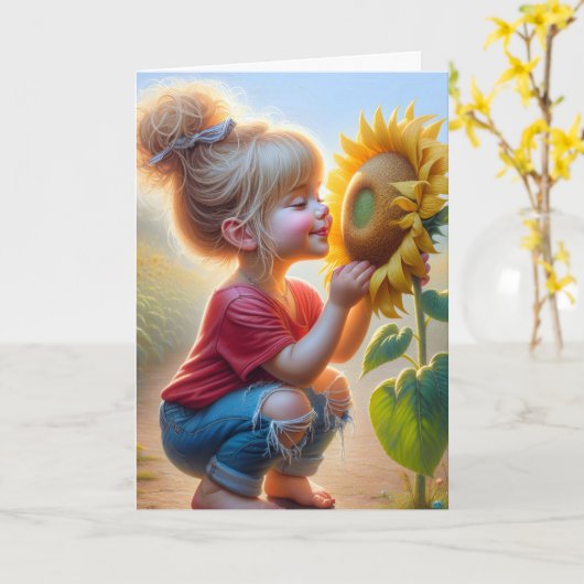 Kleines Mädchen mit Sonnenblume Karte (Gelbe Blume)