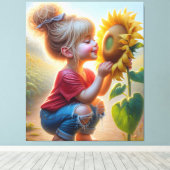Kleines Mädchen mit Sonnenblume Leinwanddruck (Insitu (Holzboden))