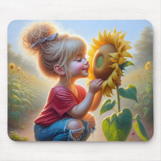 Kleines Mädchen mit Sonnenblume Mousepad (Vorne)
