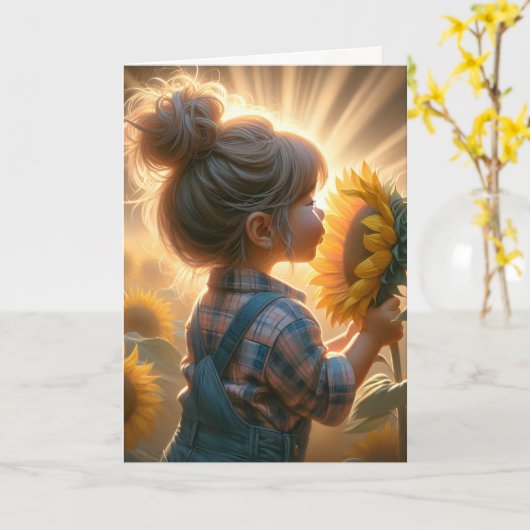 Kleines Mädchen mit Sonnenblumenglühen Karte (Gelbe Blume)