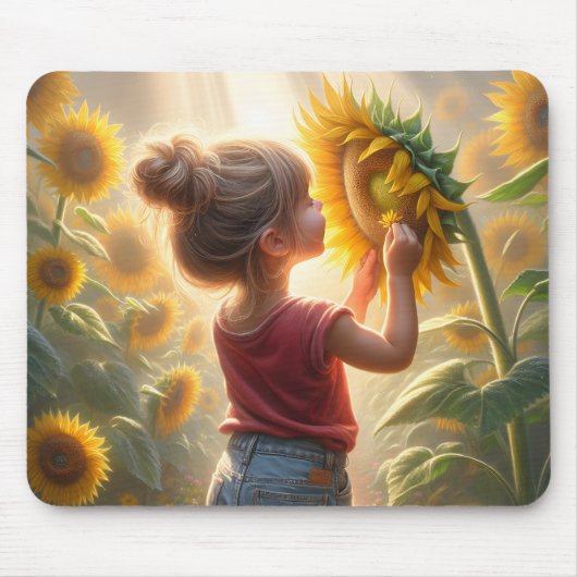 Kleines Mädchen mit Sonnenblumenglühen Mousepad (Vorne)