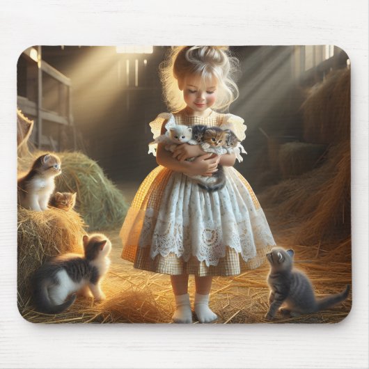 Kleines Mädchen mit Stallkätzchen Mousepad (Vorne)