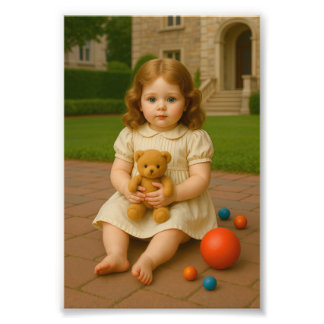 „Kleines Mädchen mit Teddybär – Vintage-Kinderport Fotodruck
