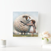 Kleines Mädchen mit überzähliger Ewe Quadratische Wanduhr (Zuhause)