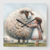 Kleines Mädchen mit überzähliger Ewe Quadratische Wanduhr (Vorderseite)