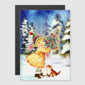 Kleines Mädchen mit Weihnachtsbaumkarte Magnetkarte (Vorne/Hinten)