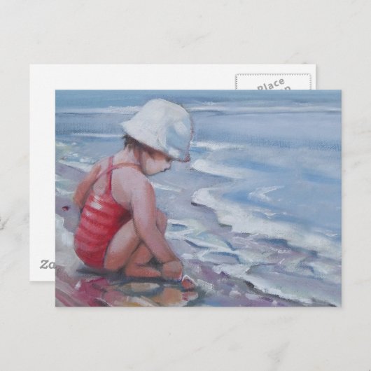 Kleines Mädchen mit weißem Hut am Strand Postkarte (Vorne/Hinten)
