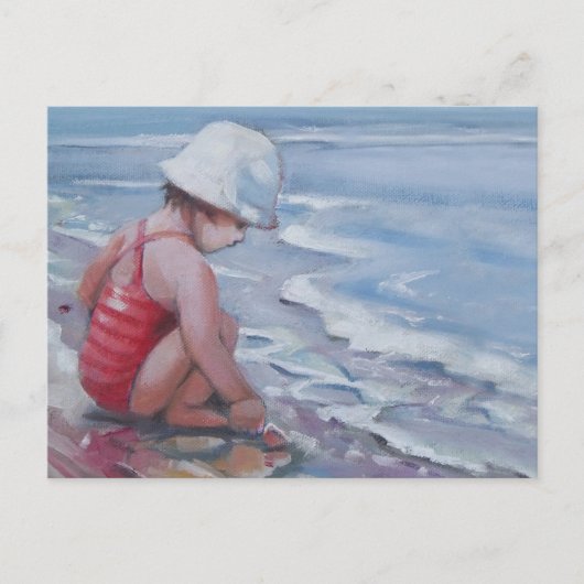 Kleines Mädchen mit weißem Hut am Strand Postkarte (Vorderseite)