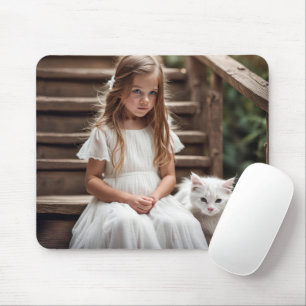 Kleines Mädchen mit weißer Katze Mousepad
