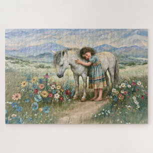 Kleines Mädchen Pony Wildblumen Berge Wiese Puzzle