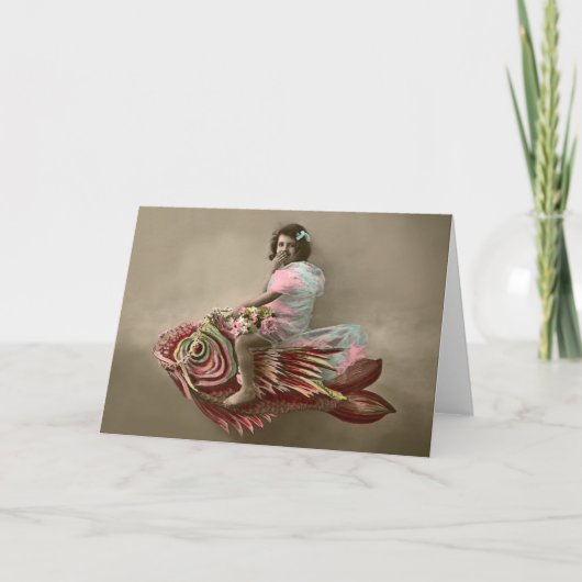 Kleines Mädchen reiten beim Fisch Karte (Vorderseite)