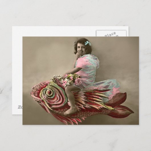 Kleines Mädchen reiten beim Fisch Postkarte (Vorne/Hinten)