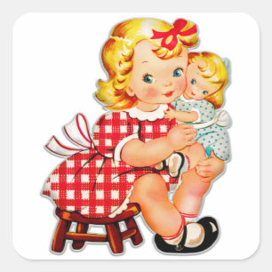 Kleines Mädchen Retro Vintage-Puppe Kind Quadratischer Aufkleber