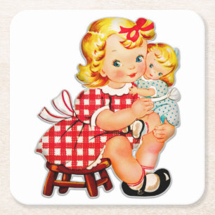 Kleines Mädchen Retro Vintage-Puppe Kind Rechteckiger Pappuntersetzer