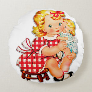 Kleines Mädchen Retro Vintage-Puppe Kind Rundes Kissen