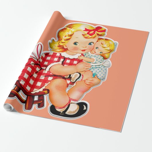 Kleines Mädchen Retro Vintage Puppenkind Geschenkpapier (Ungerollt)