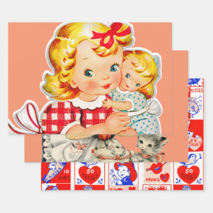 Kleines Mädchen Retro Vintage Puppenkind Geschenkpapier Set