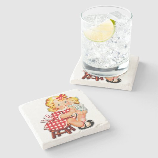 Kleines Mädchen Retro Vintage Puppenkind Steinuntersetzer (Seitenansicht)