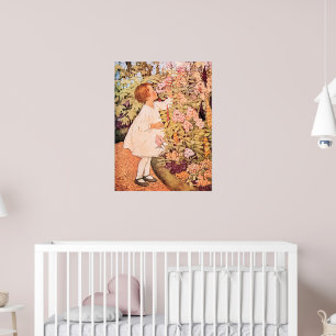 Kleines Mädchen riecht an Blumen Vintage-Illustrat Poster