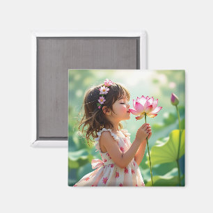 Kleines Mädchen riecht an einer rosa Rose Personal Magnet