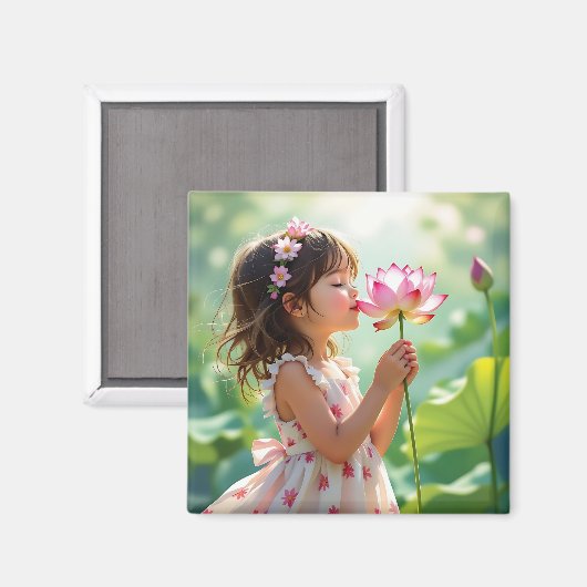 Kleines Mädchen riecht an einer rosa Rose Personal Magnet (Vorderseite/Rückseite)