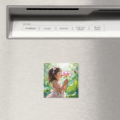 Kleines Mädchen riecht an einer rosa Rose Personal Magnet (In Situ (Geschirrspüler))