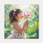 Kleines Mädchen riecht an einer rosa Rose Personal Magnet (Vorne)