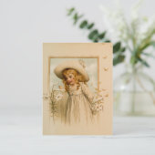 Kleines Mädchen riecht Blume in Strohhut Postkarte (Stehend Vorderseite)