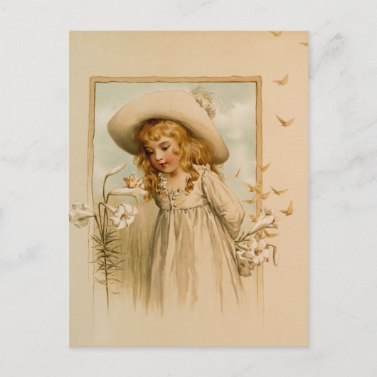 Kleines Mädchen riecht Blume in Strohhut Postkarte (Vorderseite)